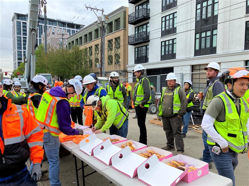 Doughnuts before a CSPP toolbox talk to kick off Safety Week